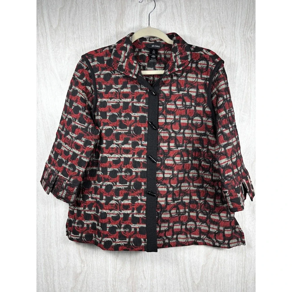 Ali‎ Miles Jacquard Jacket PL Button Front Wire Collar Artsy Chic - Picture 2 of 9